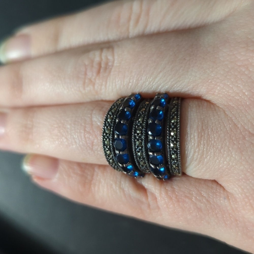 Sterling Silver Marcasite and Blue Rhinestone Cocktail Statement Ring - size 6.5